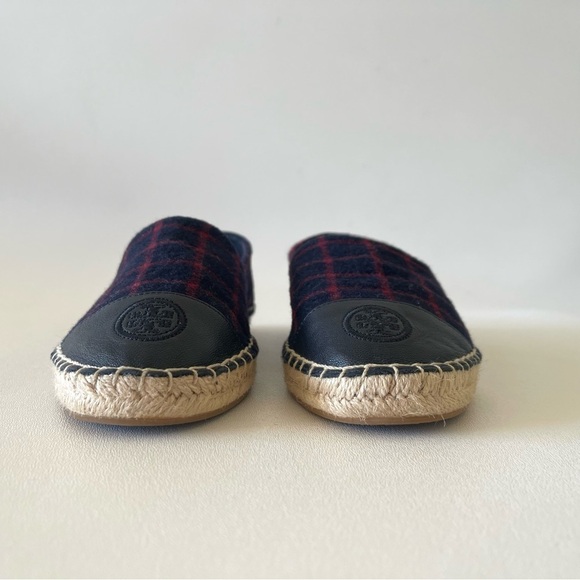 Tory Burch Shoe Espadrille Flat Plaid Check Wool Leather Holiday Blue Red 7.5 - Picture 5 of 13